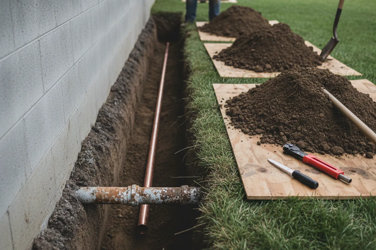 Excavated water line trench during Water Softener Installation in El Campo